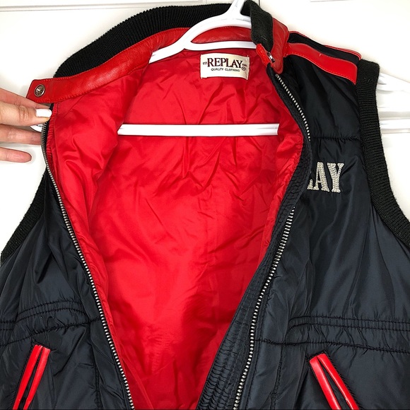 Replay Quilted Bomber Vest Black Red Jacket - Picture 3 of 8